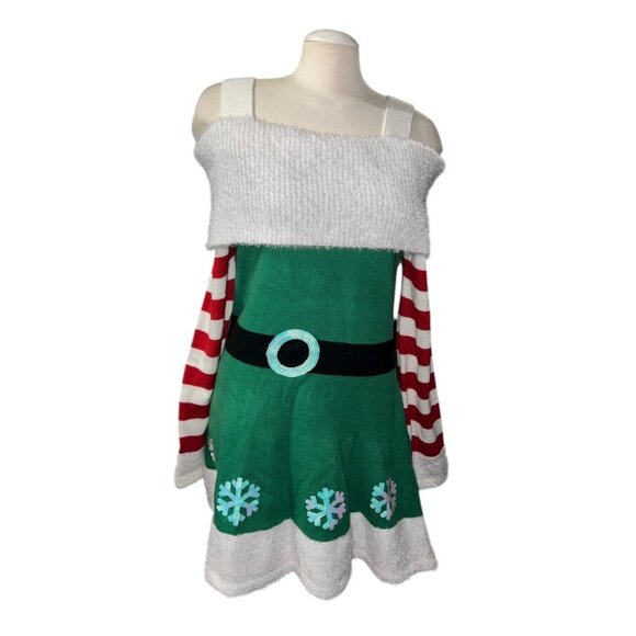 Holiday Time Green & White Knit Off-Shoulder Elf Dress Sz Medium (8-10) Red Stri - Picture 1 of 11